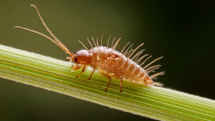  Thrips Larva Head Region Showing Fine Sensory Hairs and Mandibles Against a Muted Green Plant Stem