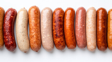 Sausages various colors and textures arranged row, showcasing diversity types and flavors