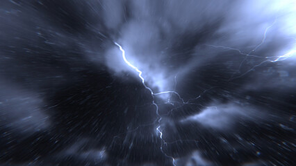 夜の雷雲と降り注ぐ雨