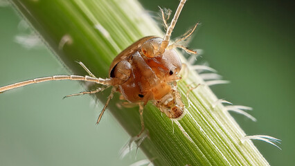  Thrips Larva Head Region Showing Fine Sensory Hairs and Mandibles Against a Muted Green Plant Stem