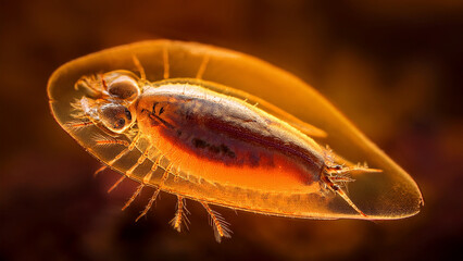 Ultra-Close-Up of a Daphnia Water Flea&rsquo;s Semi-Transparent Carapace Showing Its Pulsating Heart in Warm Amber Light1