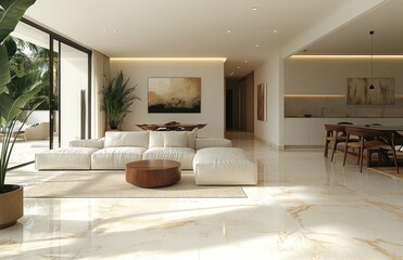Fototapeta premium Modern open-plan living area with minimalist design. Spacious, light-filled space