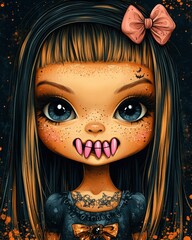 Digital art portrait of a girl with exaggerated features,  Halloween-inspired