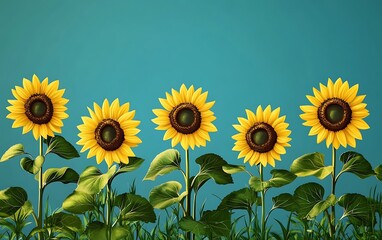 Fototapeta premium Sunflowers blooming against a teal background, ideal for nature-themed designs