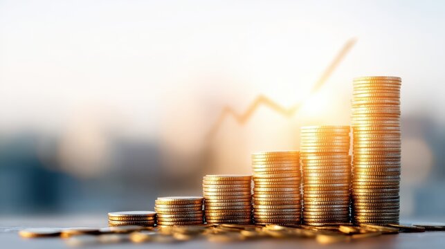 Golden coins stacked in increasing columns; financial growth.