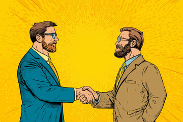Fototapeta premium Two business professionals shake hands in a friendly manner, symbolizing partnership and agreement. The bright background adds energy to the interaction, highlighting teamwork.