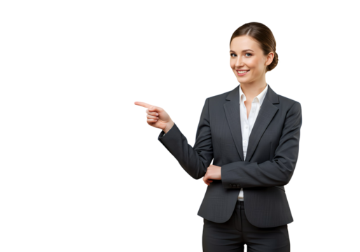 A woman in a suit pointing to the side, isolated