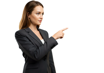 A woman in a suit pointing to the side, isolated