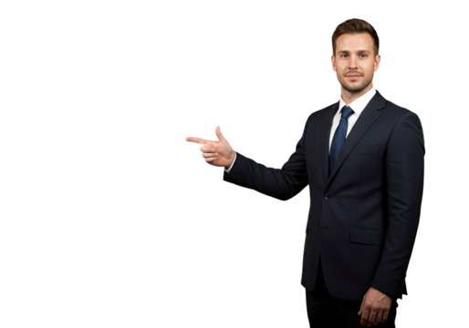 A man in a suit pointing to the side, isolated