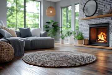 Modern living room interior design with a cozy fireplace.