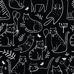 Seamless pattern with cute Kittens in diferent style. Creative childish texture. Great for fabric, textile Vector Illustration
