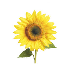 Naklejka premium Vibrant sunflower with bright yellow petals and green leaves, against a white isolated background. Perfect for floral designs, nature themes, or seasonal decorations.