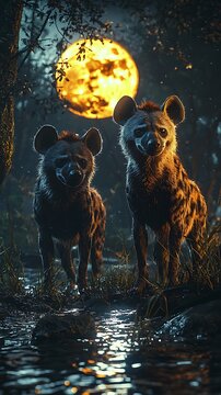 two hyens standing in the water