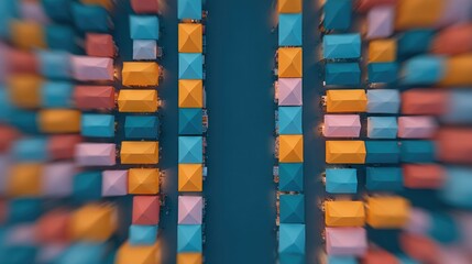Fototapeta premium aerial top-down image of bustling street market with diverse stalls in vibrant colors against cityscape