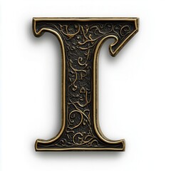 Ornate letter 'I' with intricate designs, showcasing craftsmanship against a white backdrop