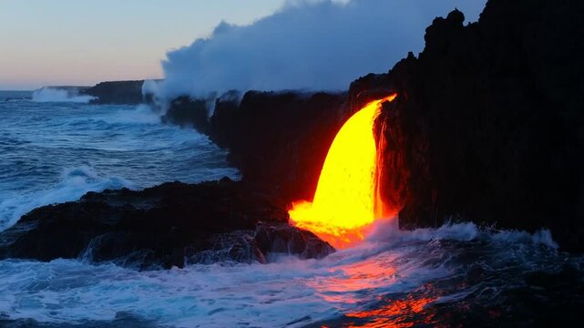 La lava fundida cae en cascada vigorosamente desde formaciones rocosas oscuras y escarpadas, proyectando una luz naranja brillante sobre el paisaje. Las olas rompen con fuerza contra la orilla rocosa,