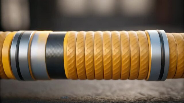 Hydraulic mechanism with metal and rubber rings and mechanical industrial component featuring textured yellow and black rubber grips for durability