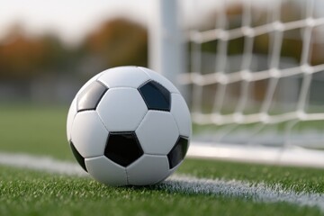 Soccer ball resting on grassy field near goal, showcasing vibran