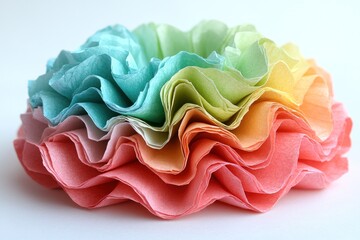 Colorful paper flower.  Layered, ruffled, rainbow-hued paper petals create a textured, decorative flower shape