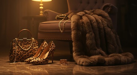 Leopard Print Accessories with Fur Coat and Golden Jewelry Arrangement