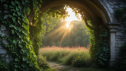 Walking through stone archway into vibrant flower field at sunrise