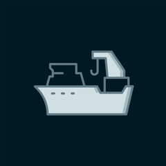 Line Fishing boat icon isolated on black background. Fishing trawler. Flat filled outline style with shadow. Vector