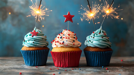 Festive cupcakes with sparklers and patriotic decoration for holiday celebrations