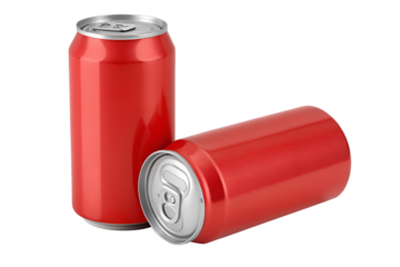 Two red aluminum drink cans isolated on a black background object, aluminum can, beverage can, drink, soda, pop, soft drink, canned, metal, container, package, packaging, product, object, isolated