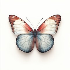 Obraz premium A delicate butterfly with white, red, and blue wings is displayed on a plain background.