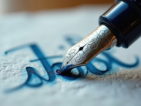 La punta de una pluma estilogr&aacute;fica que libera tinta sobre papel texturizado, formando elegantes trazos