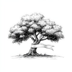 A detailed sketch of a large tree with a blank ribbon wrapped around its trunk, set on a plain background.