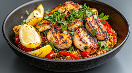 Fototapeta premium Grilled chicken served on bed of flavorful grains with vibrant vegetables and lemon
