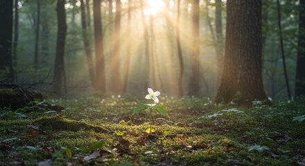 Obraz premium Sunlight streams through a forest, highlighting a single white flower.