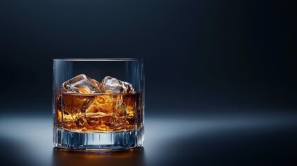 A close-up shot shows a glass of golden whiskey with ice cubes, highlighting its color and inviting taste against a dark and simple background for a drink ad.