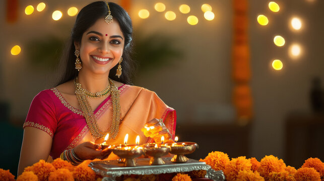indian woman in saree holding oil lamp plate