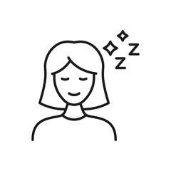 Female Sleeping Icon. Restful Sleep, Relaxation, And Peaceful Mind Outline Symbol. Sleep Quality And Well-Being. Editable Stroke. Isolated Vector Illustration