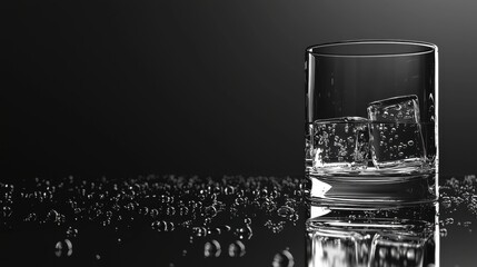A low-key shot presents a clear glass with ice cubes and small water droplets, reflecting on a glossy black surface against a dark and moody background tone.