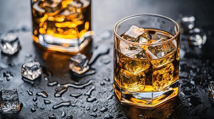 Two glasses of whiskey with ice cubes are placed on a wet black surface creating a luxurious and inviting ambiance perfect for sophisticated celebrations.