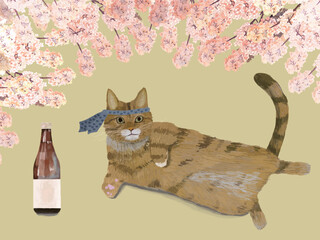 春お酒ラベルベージュ茶トラ猫_横