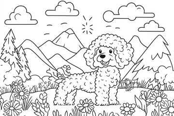 Fluffy poodle in a mountainous landscape, surrounded by flowers and trees, perfect for coloring