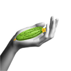cucumber in hands, Halftone illustration of hands tenderly holding olives, black and white dotted texture, retro pop art style design isolated on white background, summer fruits concept. Vector