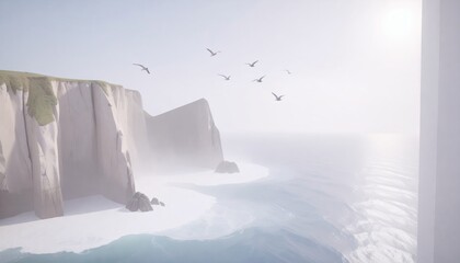Ocean Cliff with Birds Flying Over Misty Water
