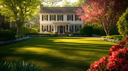 Obraz premium American home with lawn and spring flowers