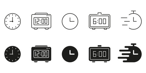 Clock And Timer Line And Solid Icon Set. Time Management, Alarm, And Speed Tracking Symbol Collection. Includes Analog Clocks, Digital Clocks, And Stopwatch Designs. Isolated Vector Illustration