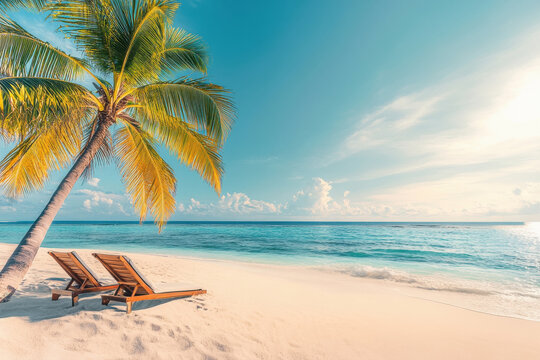 White sand and coco palms travel tourism wide panorama background concept.
