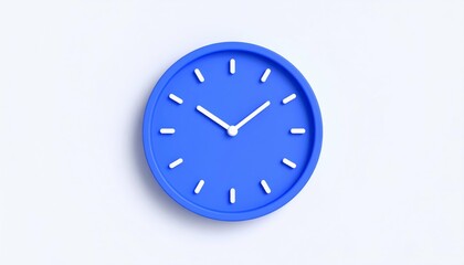 3D Blue Clock Icon on Ultra White Background in Bright Studio Lighting with Soft Shadows and Clean Minimalist Design