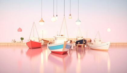 Boats on Water with Hanging Lights