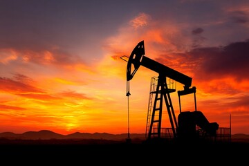 An oil rig stands silhouetted against a stunning sunset, the sky filled with rich colors of orange and purple. The peaceful evening atmosphere contrasts with the industrial structure