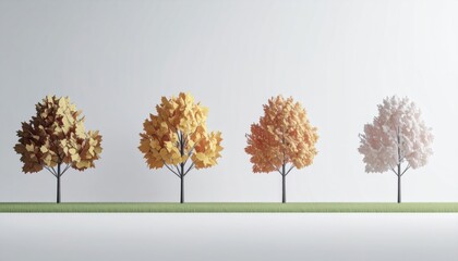 Four Trees in Autumn Colors and White Background