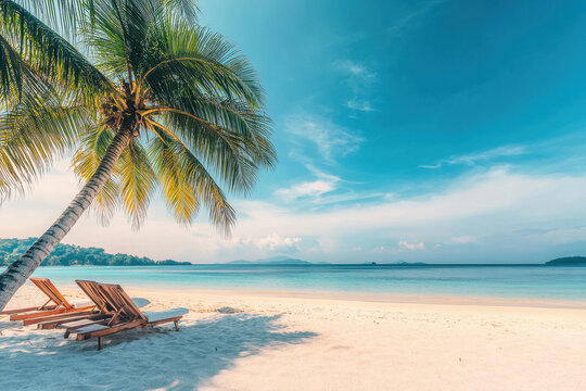 White sand and coco palms travel tourism wide panorama background concept.